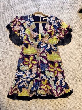 Marie Oliver Multicolor Floral Mini Dress with Navy Trim